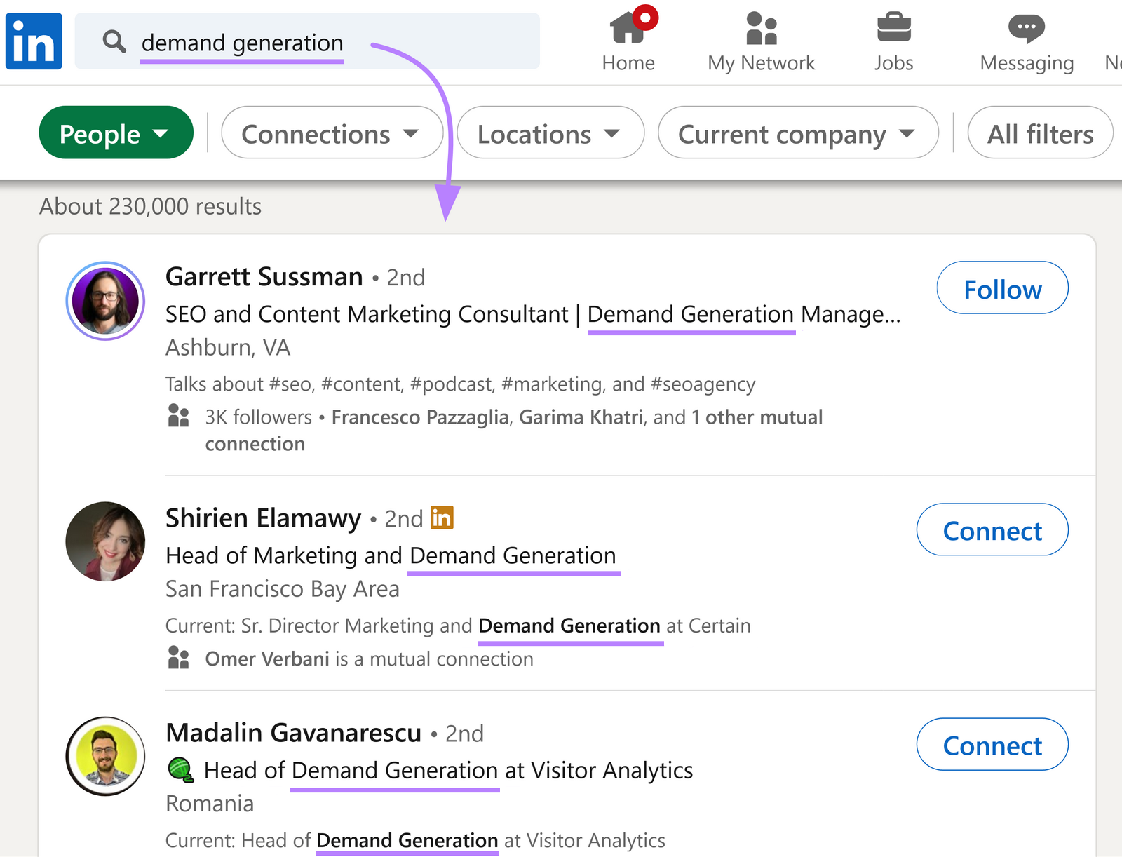 LinkedIn search results for “demand generation” shows profiles that contain target keyword