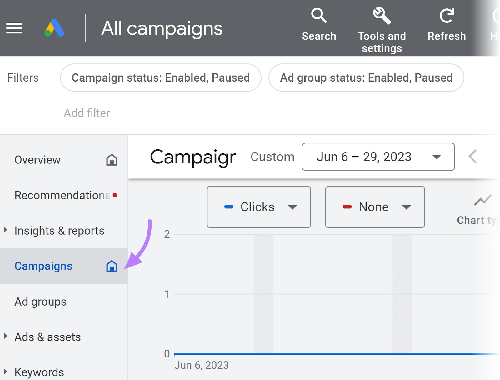 "Campaigns" button highlighted in Google Ads