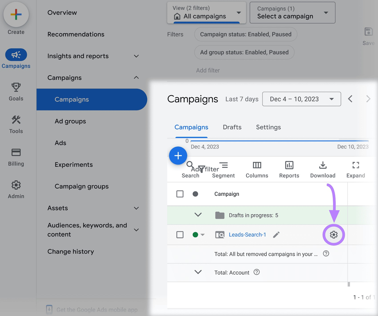 Tabla "Campaña" en los anuncios de Google