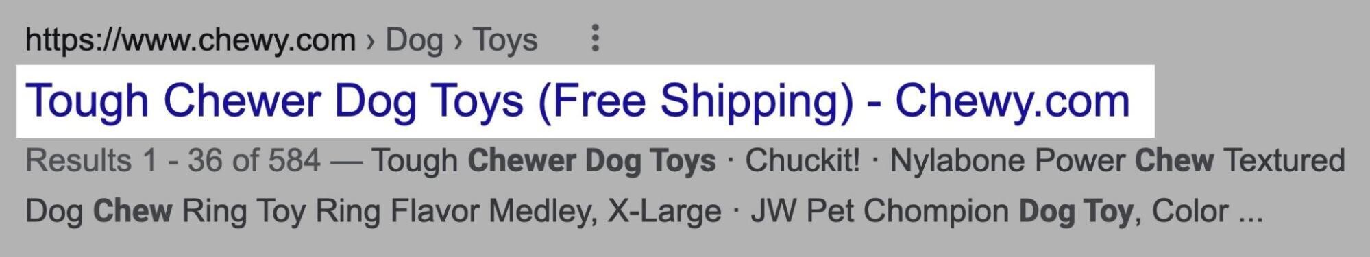 Title tag that says "Tough Chewer Dog Toys (Free Shipping) - Chewy.com"