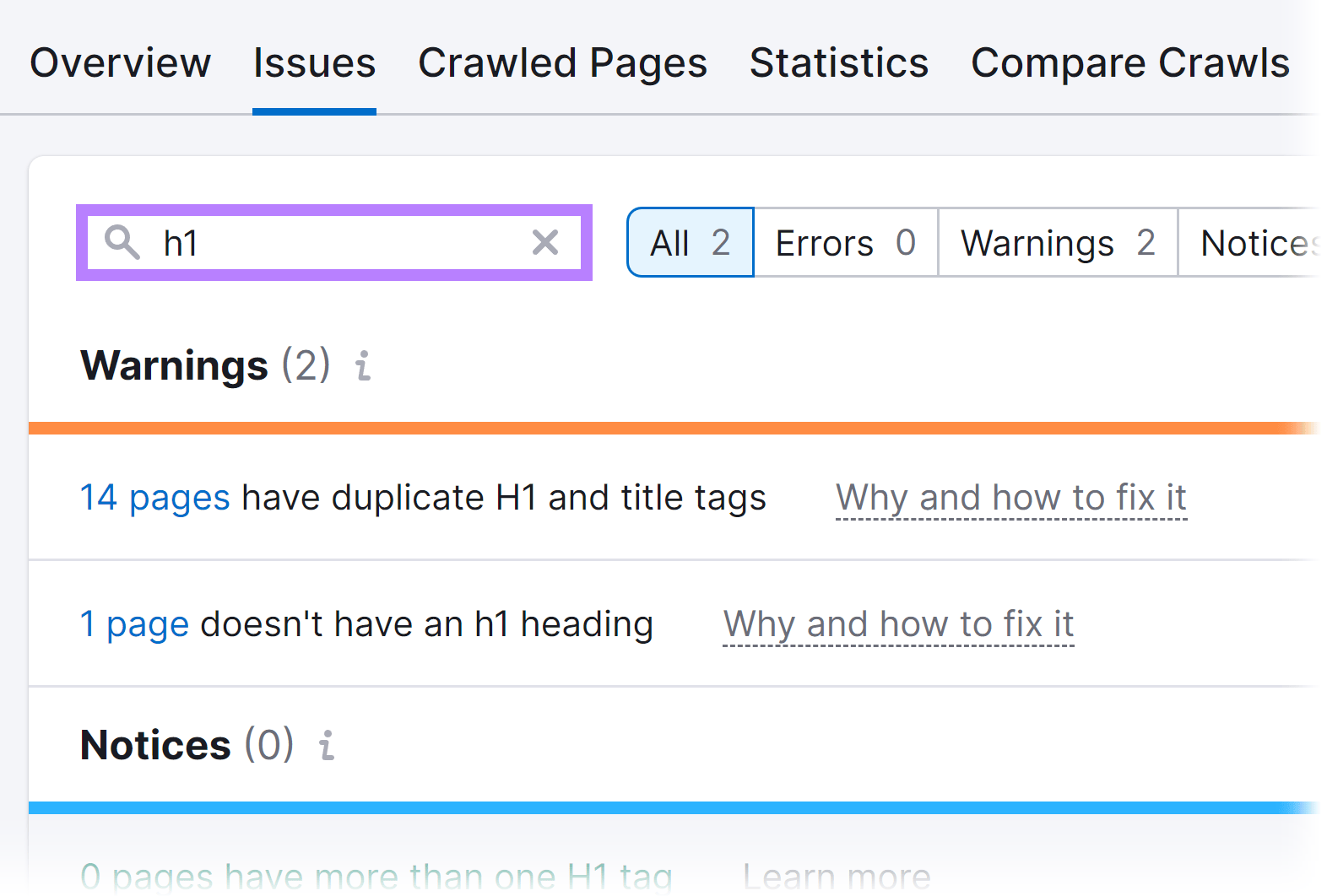 Issues page with 'h1' entered in the search box.
