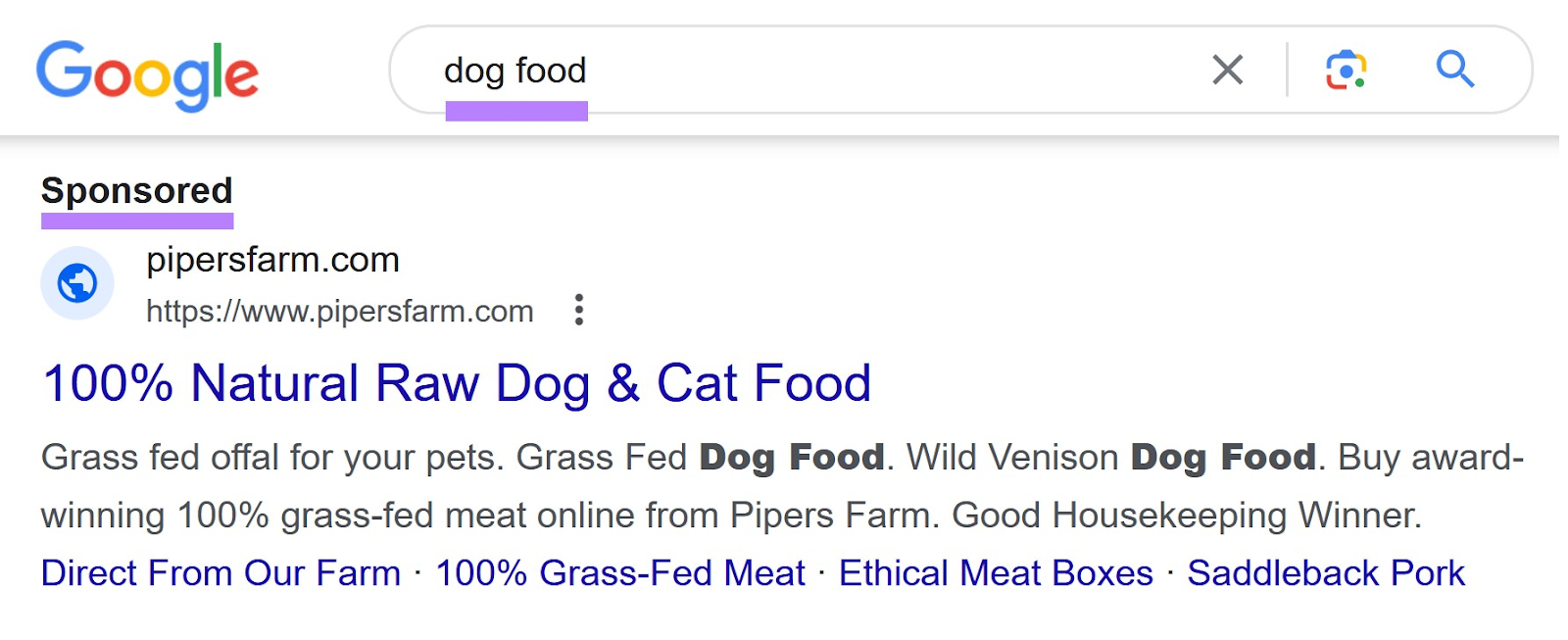 an example of a sponsored post in Google SERP when searching for “dog food”