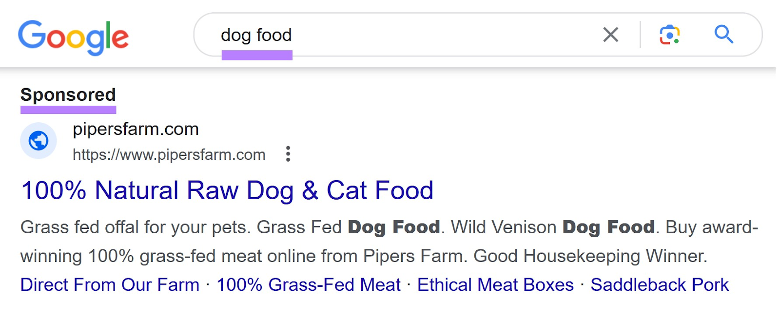 an example of a sponsored post in Google SERP when searching for “ food”