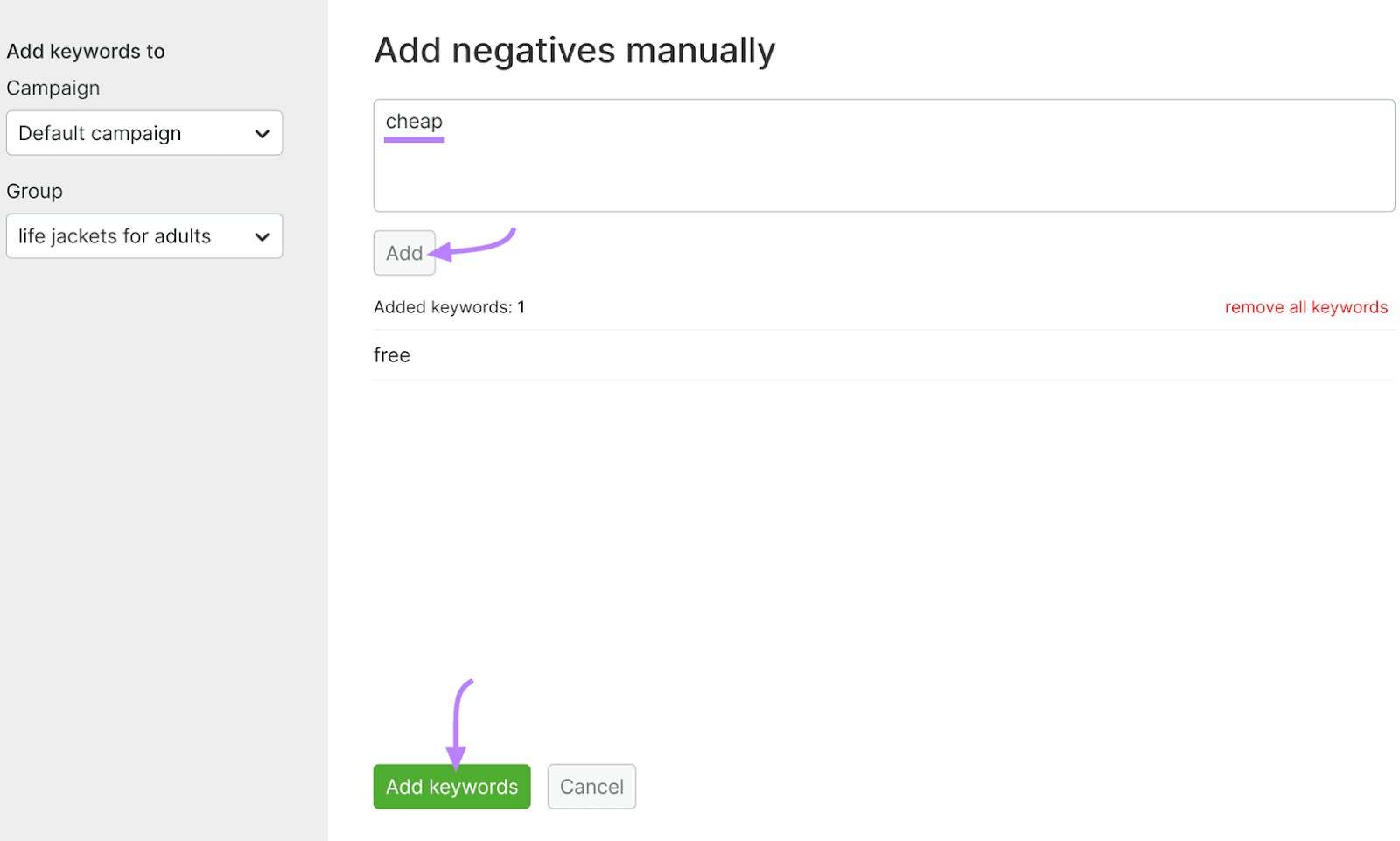 PPC Keyword Tool interface for adding negative keywords manually, showing a field for manual entry and "Add keywords" button.