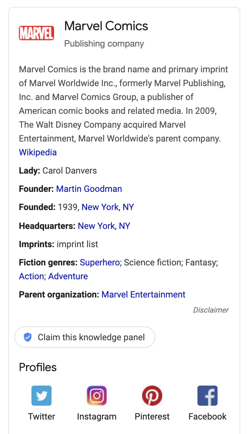 Marvel Comics knowledge panel