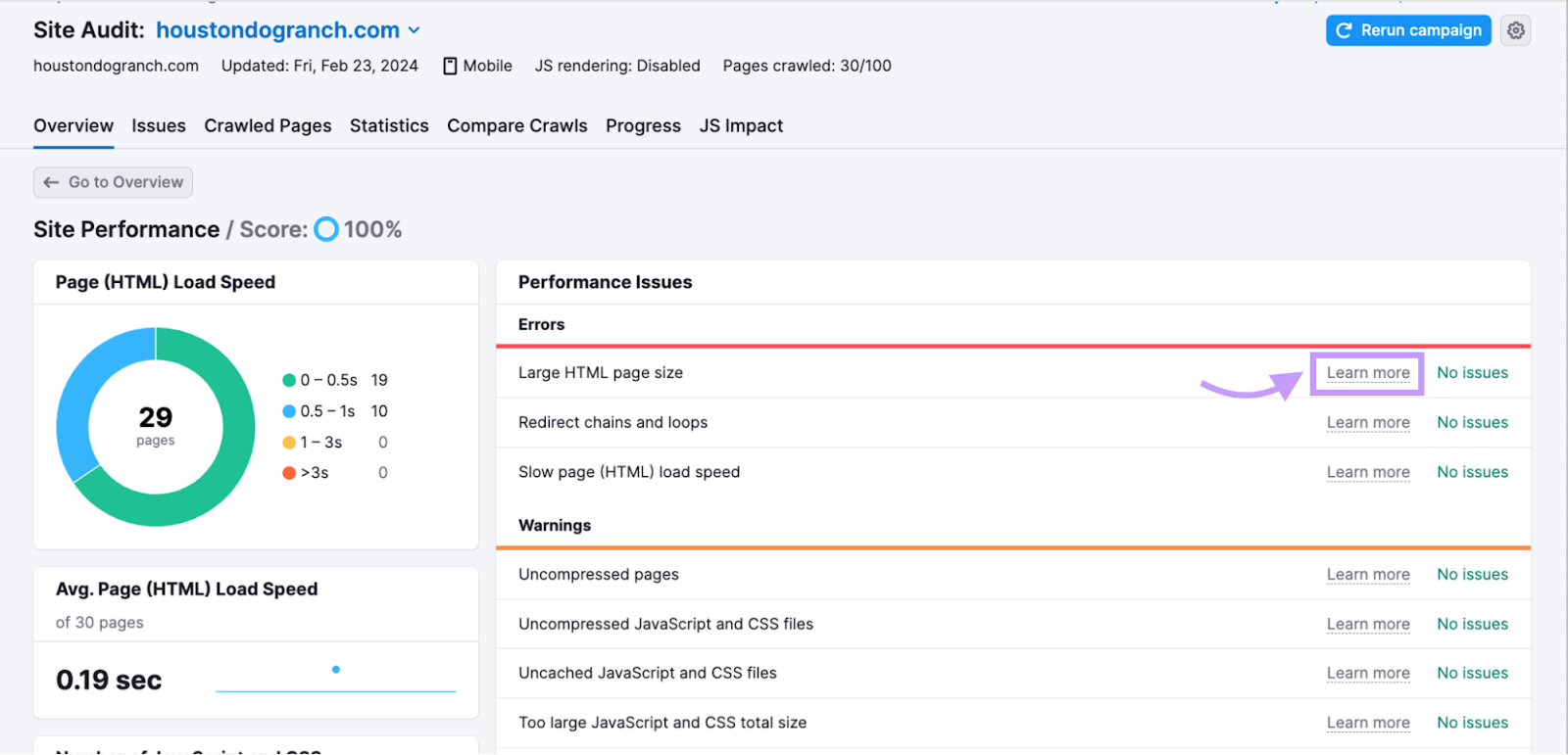 "Site Performance" study  successful  the Site Audit tool