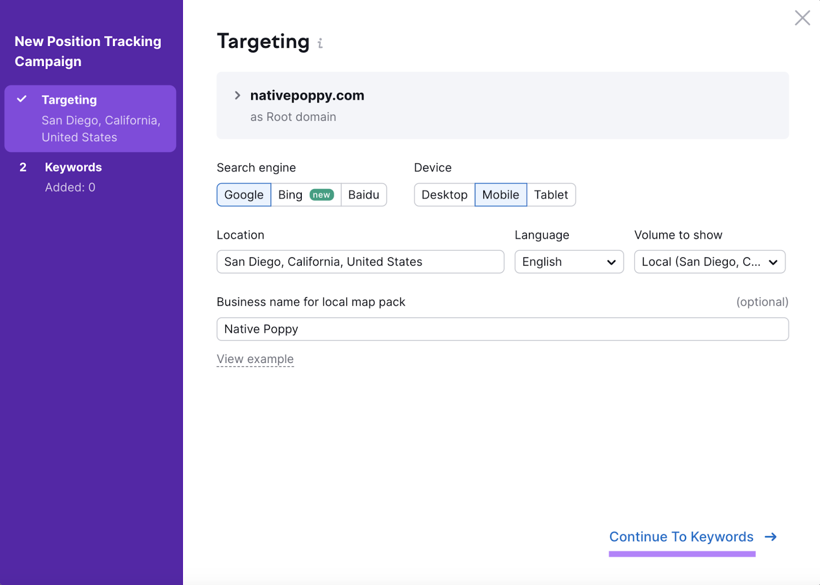 "Targeting" window in Position Tracking tool settings