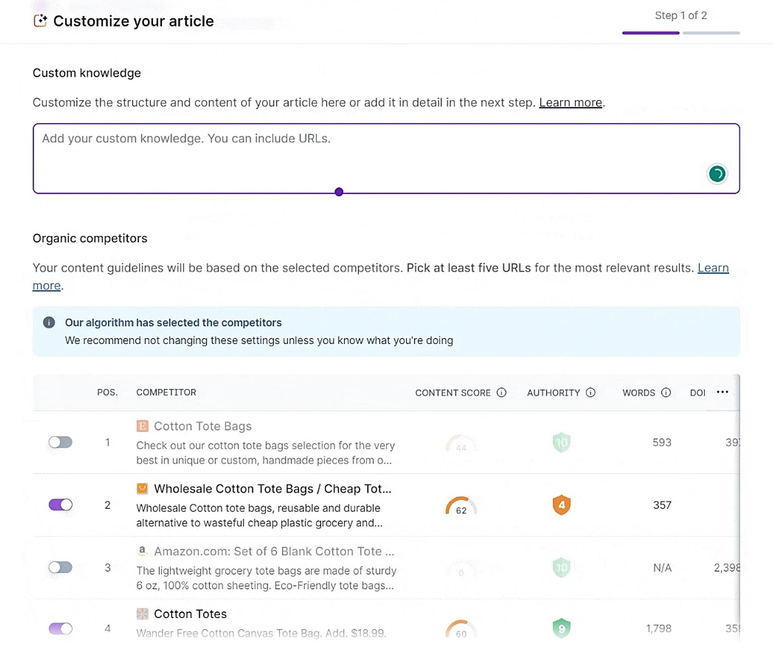 "Customize your article" section of the Surfer tool