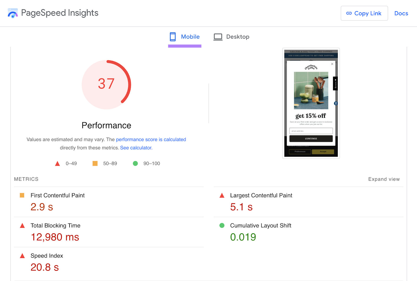 Performance score shown for mobile in PageSpeed Insights tool