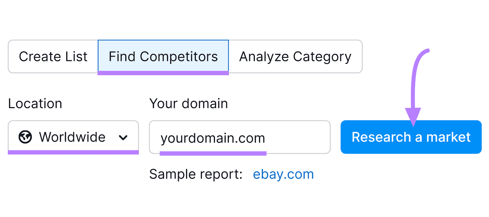 "Find Competitors" worldwide options selected in Market Explorer tool