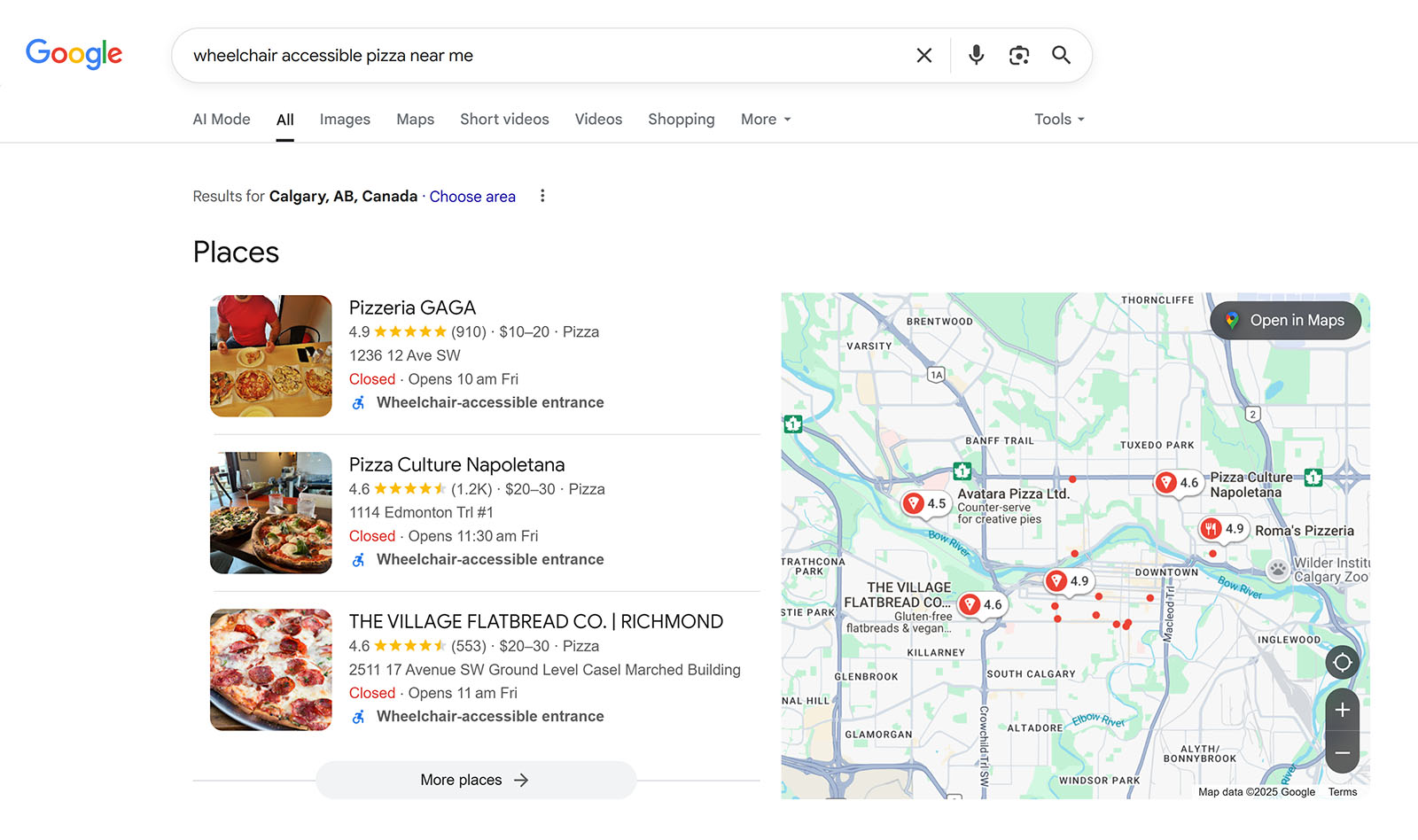 Google results for wheelchair accessible pizza with 3 listings and map pins