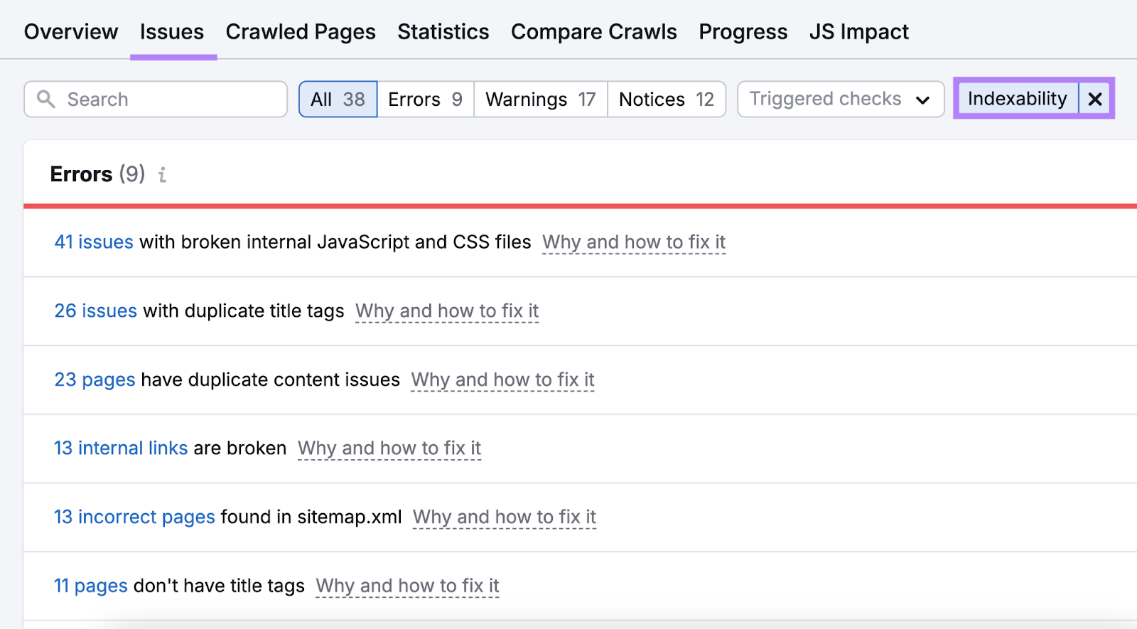 indexability category filters for errors like broken internal files, duplicate title tags and content issues, broken internal links, and more