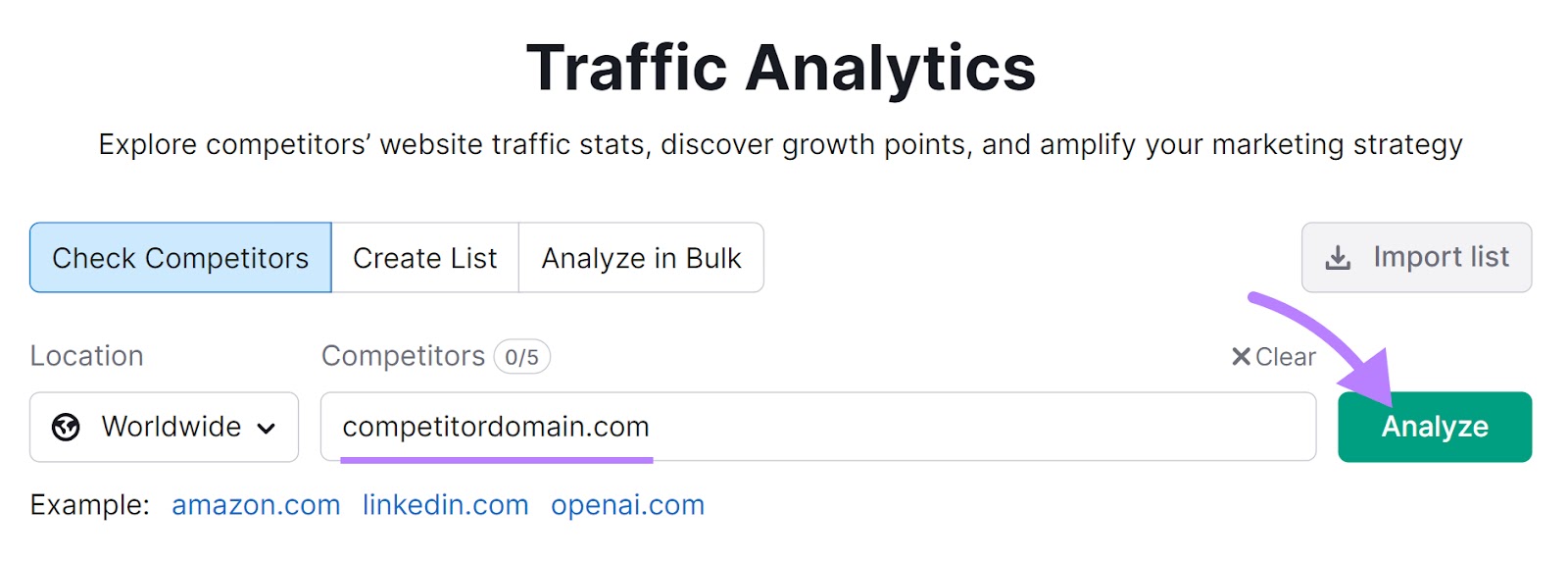 An illustration  competitor's domain entered into Traffic Analytics hunt  bar