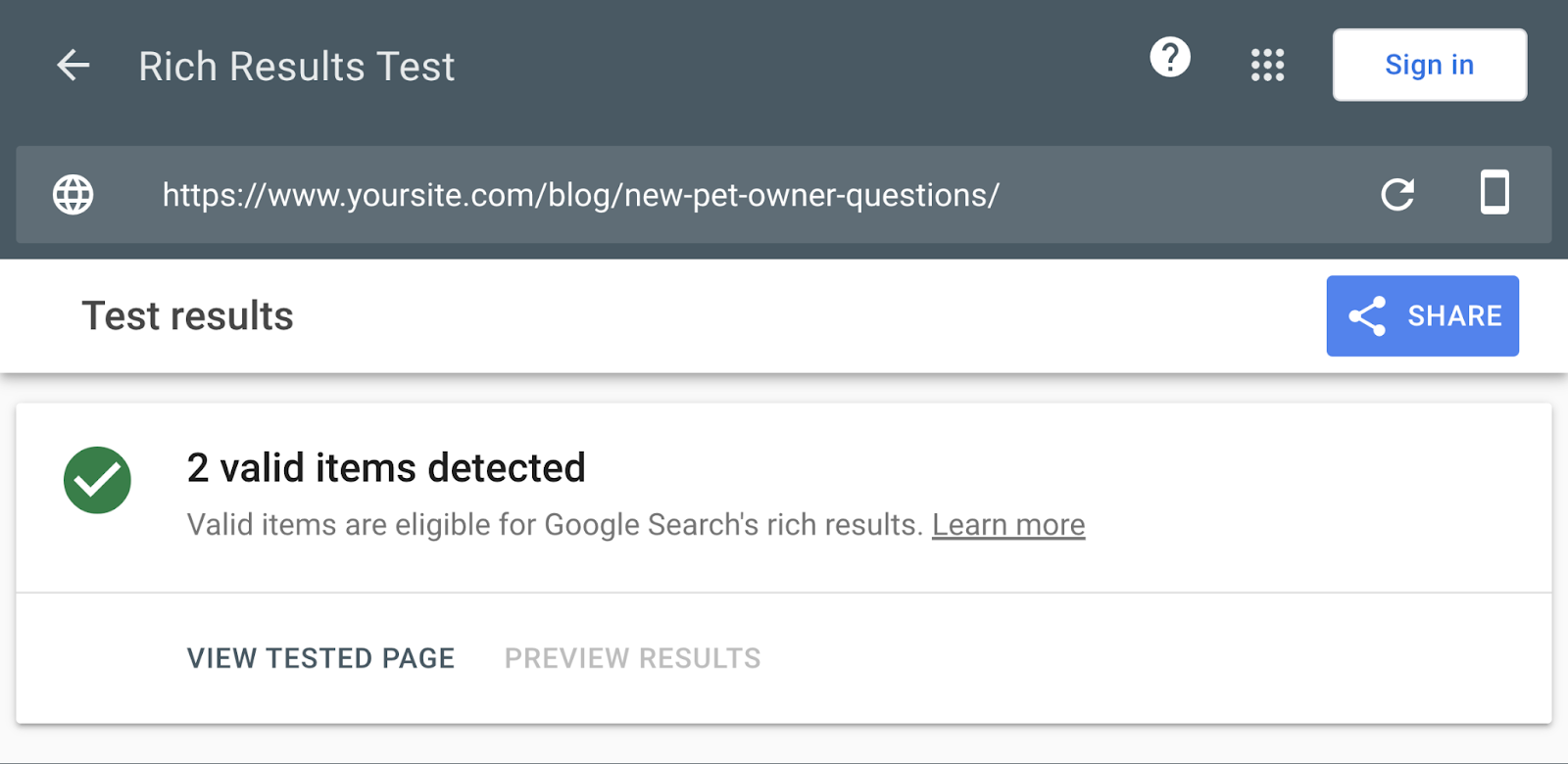 Rich Results Test results page showing "2 valid items detected"