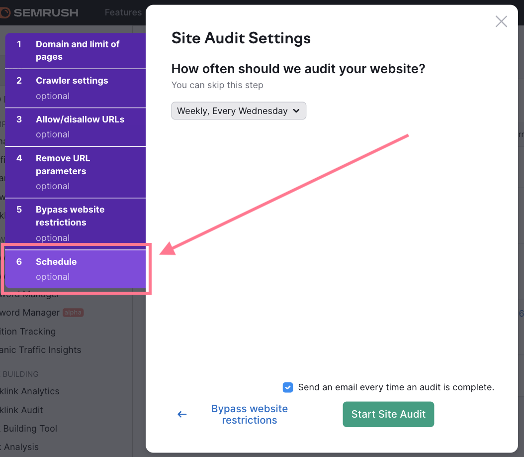 Schedule option in Site Audit settings