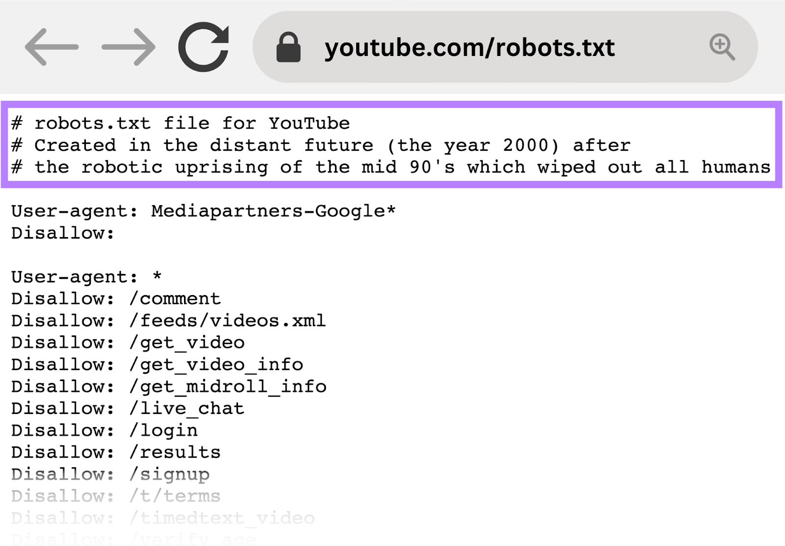 YouTube’s robots.txt file example