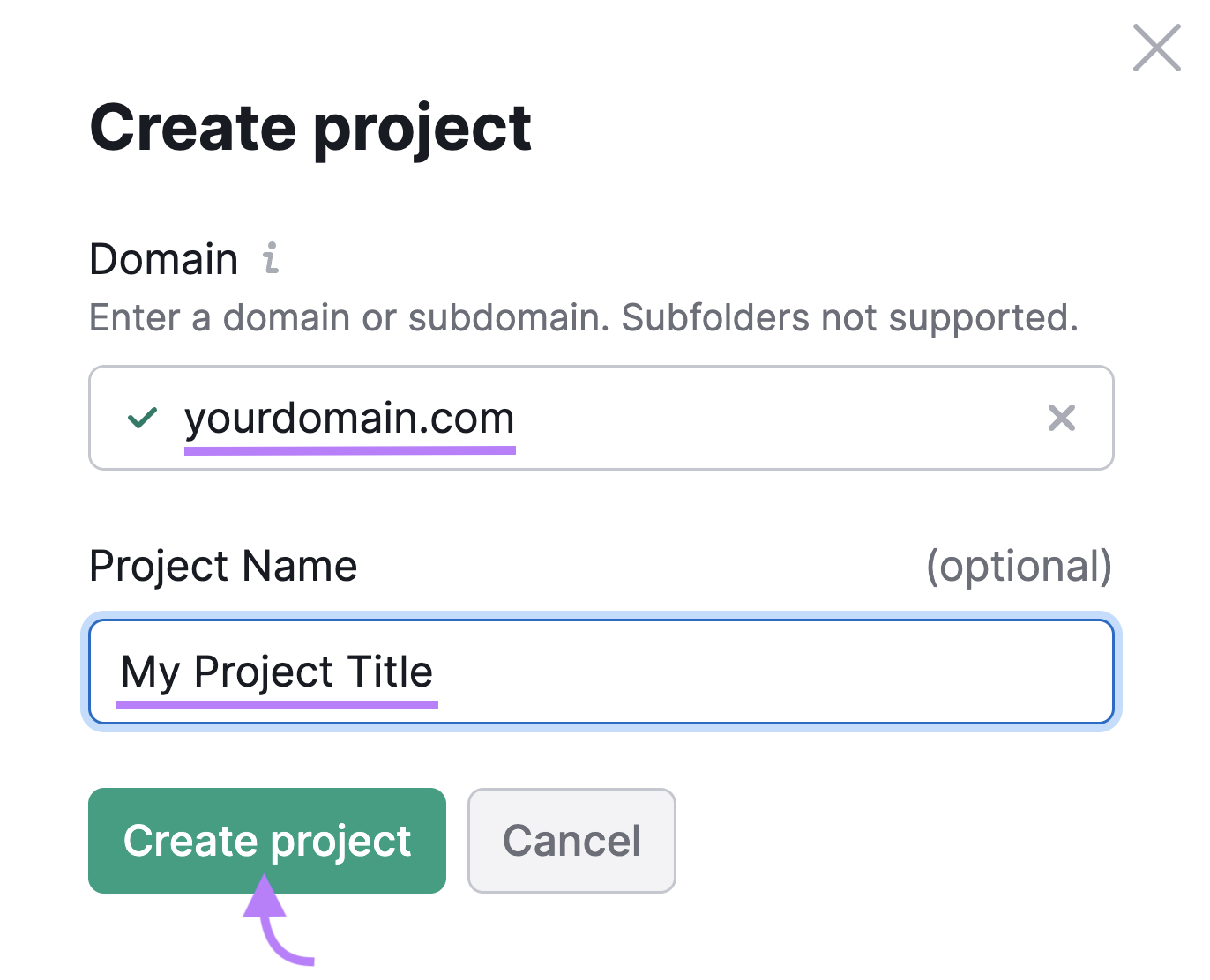 “Create project” window in Link Building Tool