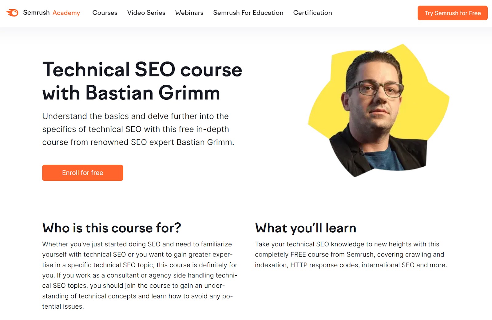 Technical SEO Course with Bastian Grimm landing page