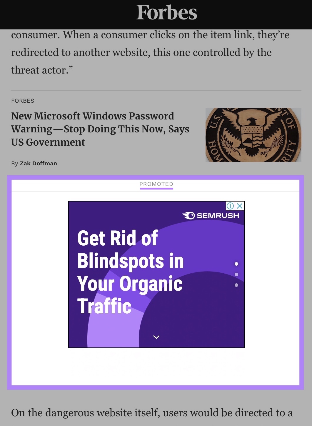 Google display ad by Semrush appearing on the Forbes website with the "Promoted" tag highlighted.