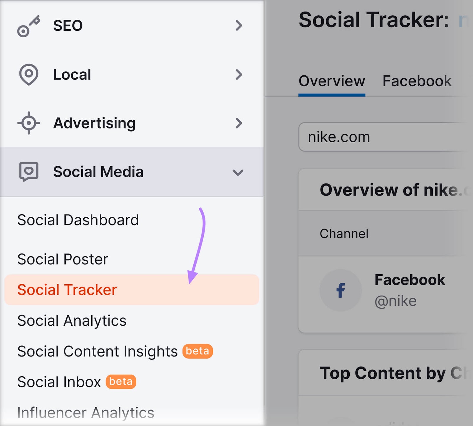 navigating to Social Tracker tool in Semrush dashboard