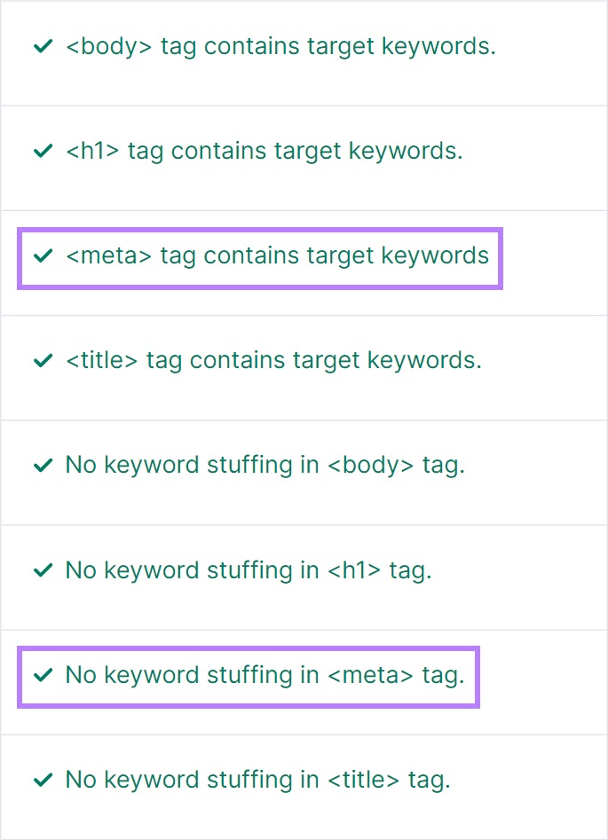 "<meta> tag contains target keywords" and "No keyword stuffing in <meta> tag" results highlighted from the list