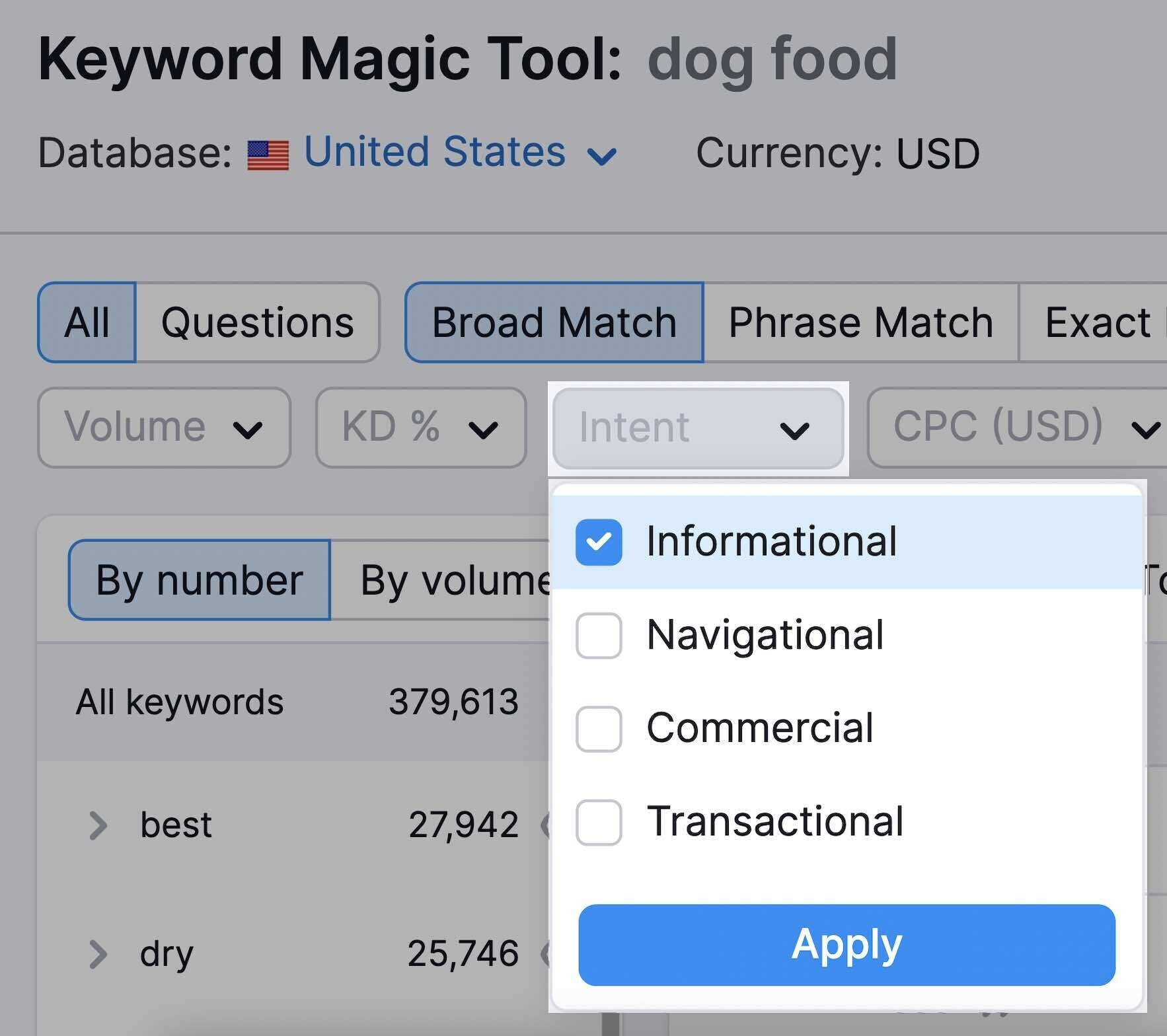 keyword magic tool intent filter