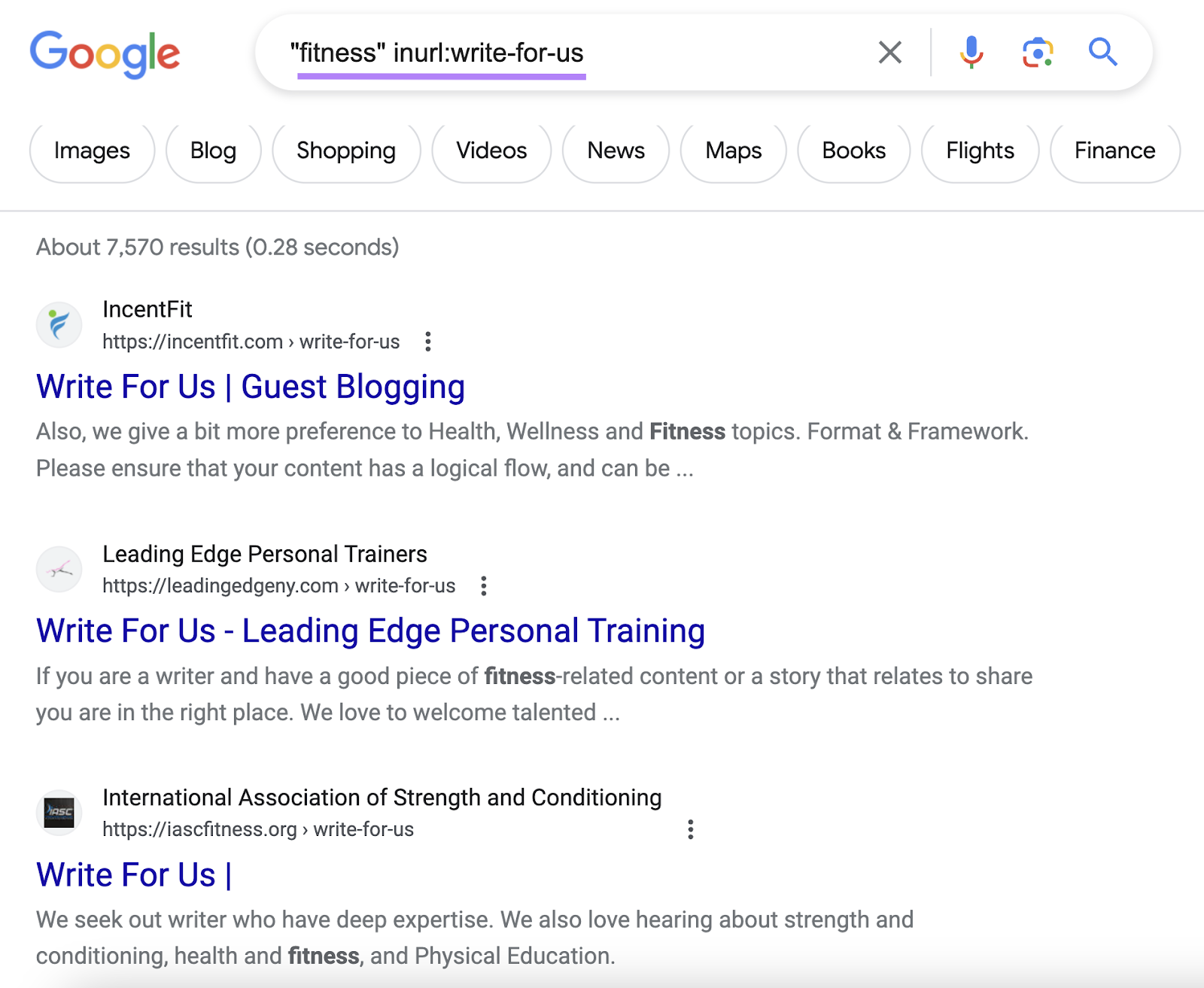 Google's SERP for ““fitness” inurl:write-for-us”