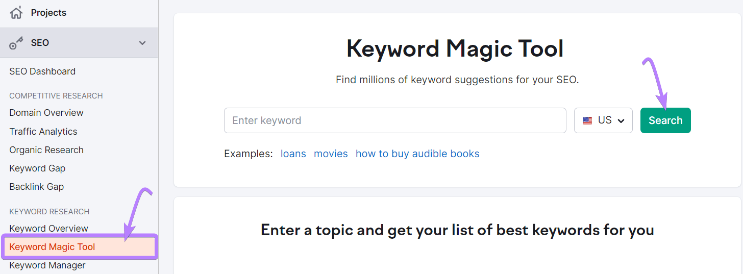 Barre de recherche de Keyword Magic Tool