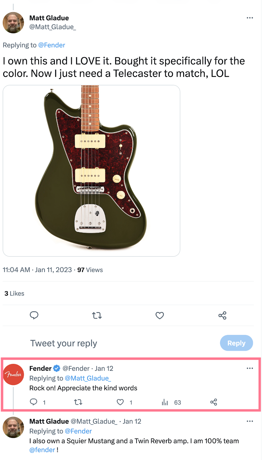 Fender using twitter replies and mentions