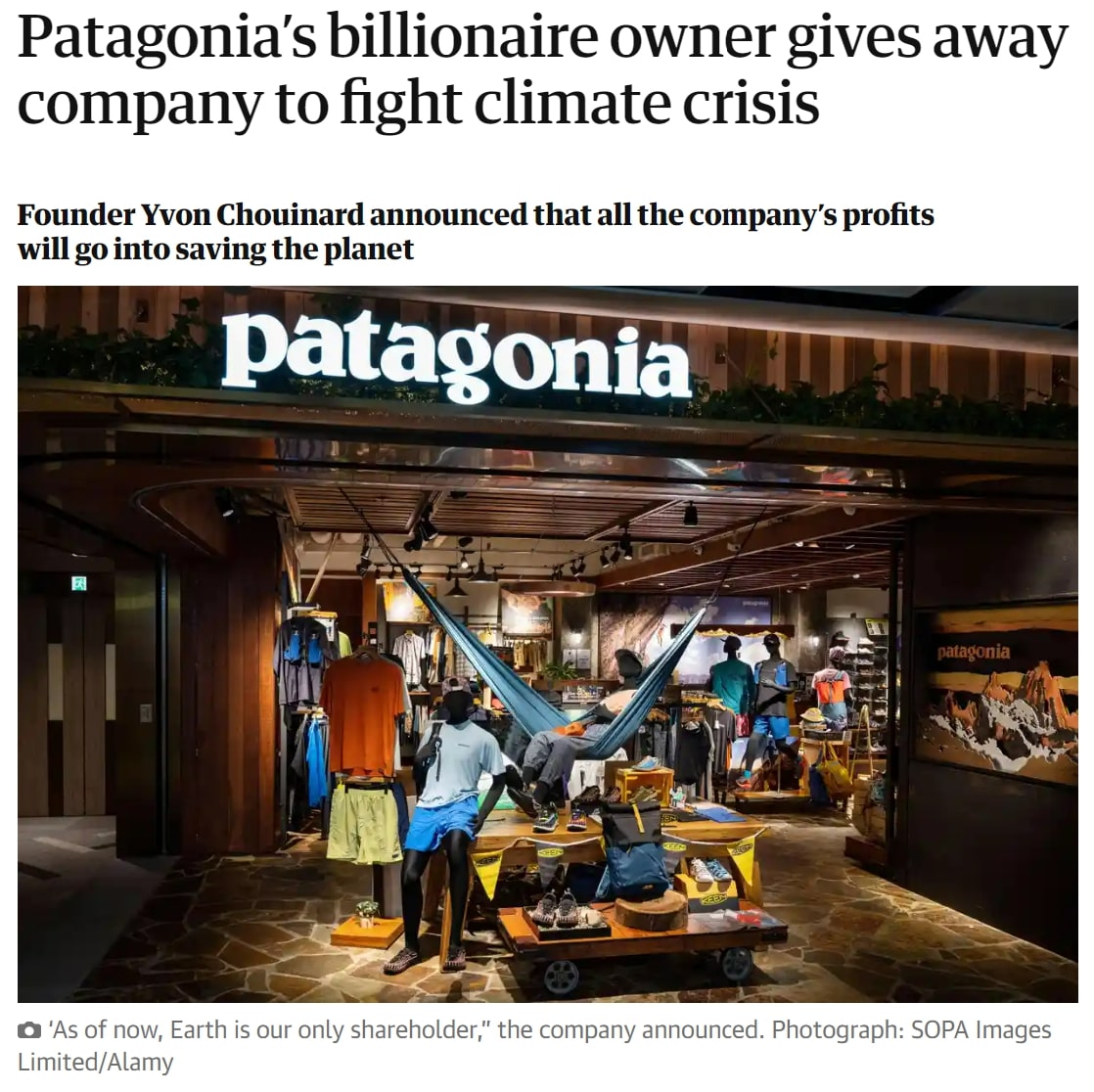 The Guardian's article on "Patagonia's billionaire owner gives away company to fight climate crisis"