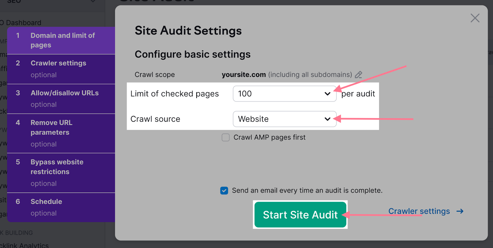 "Site Audit Settings" window with the number of checked pages and crawl source highlighted