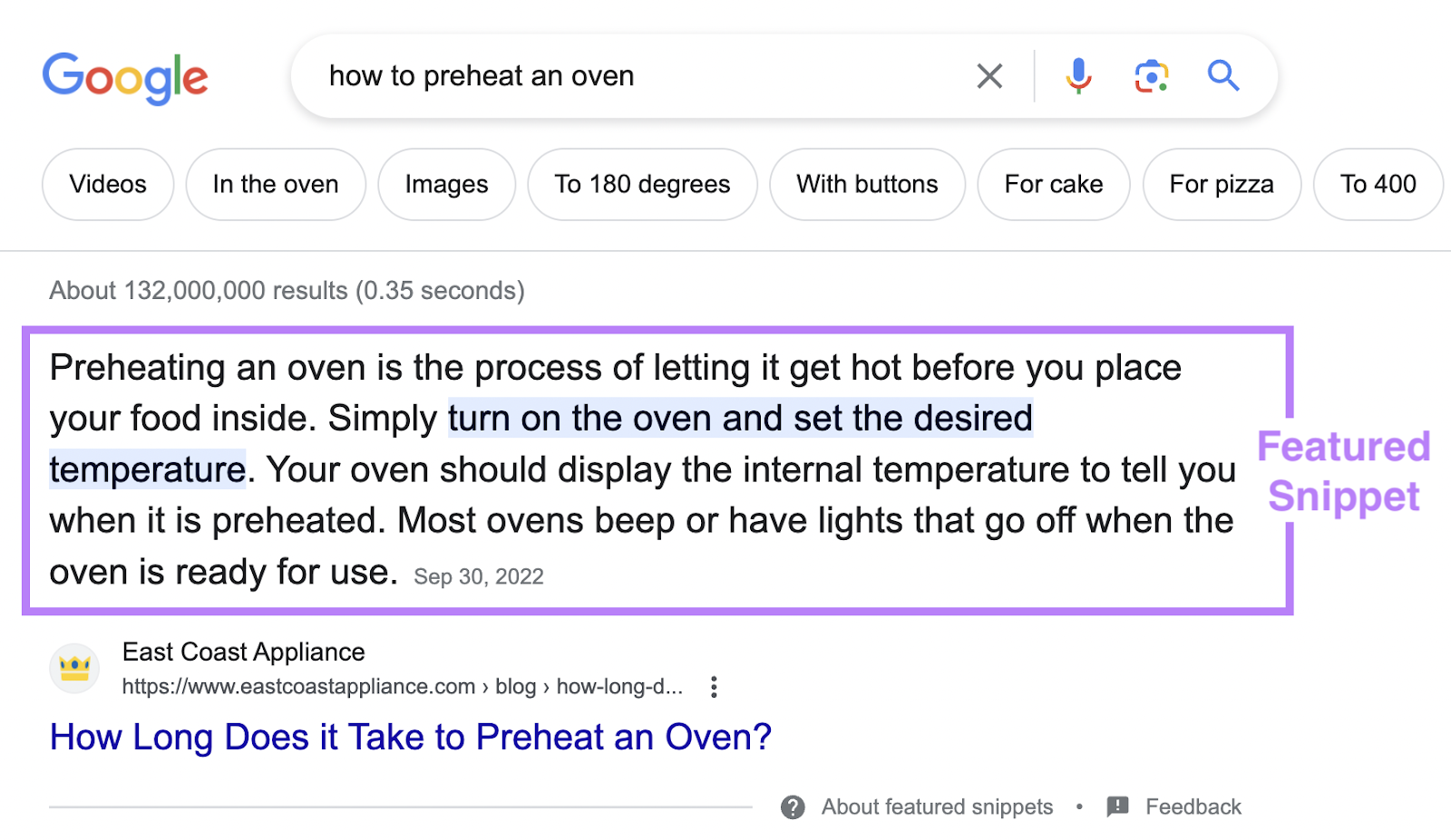 An example of a featured snippet result for "how to preheat an oven" search