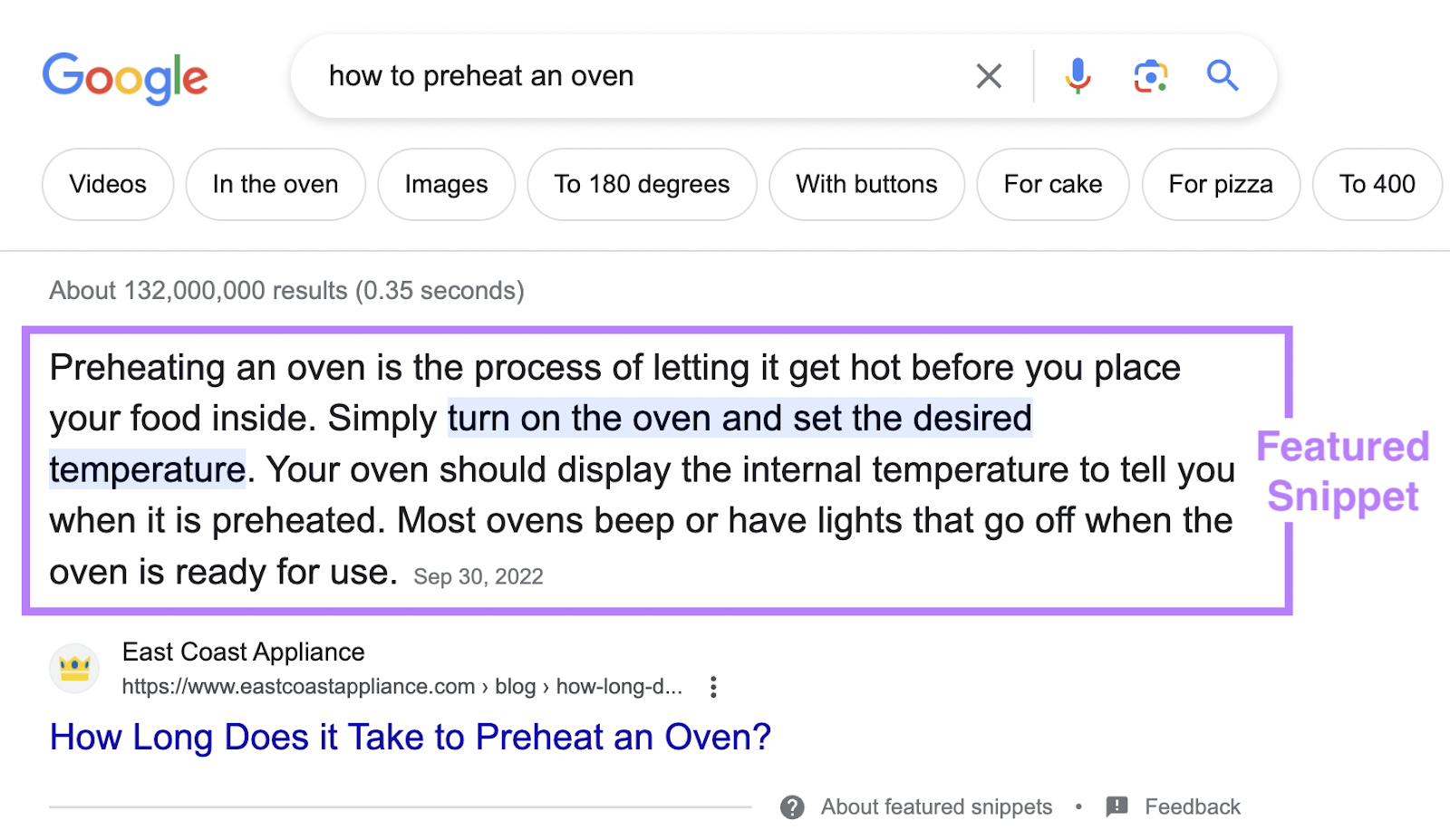 Un exemple de résultat d'extrait en vedette pour la recherche "comment préchauffer un four"