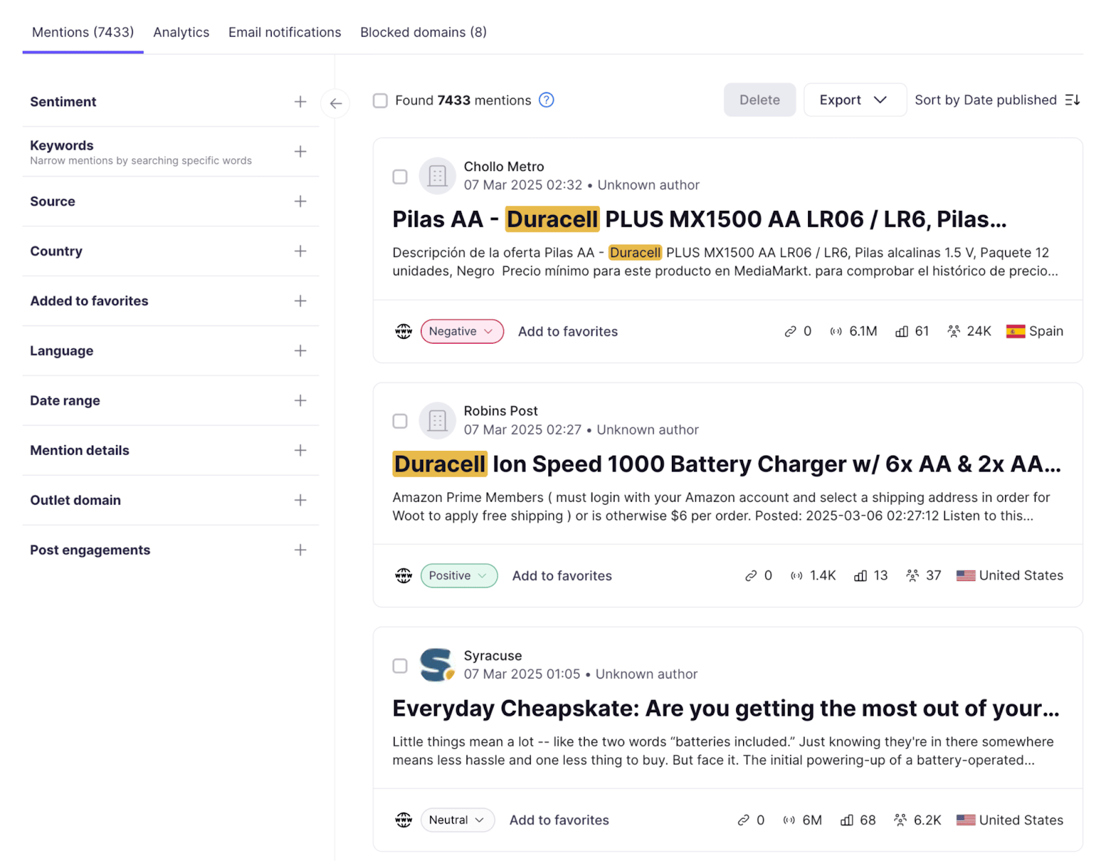 Brand monitoring app showing mentions of Duracell across the web
