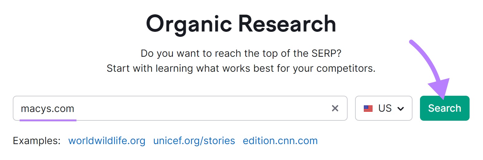 "macys.com" entered into the Organic Research search bar