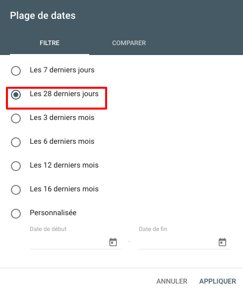 Google Search Console, plage de dates