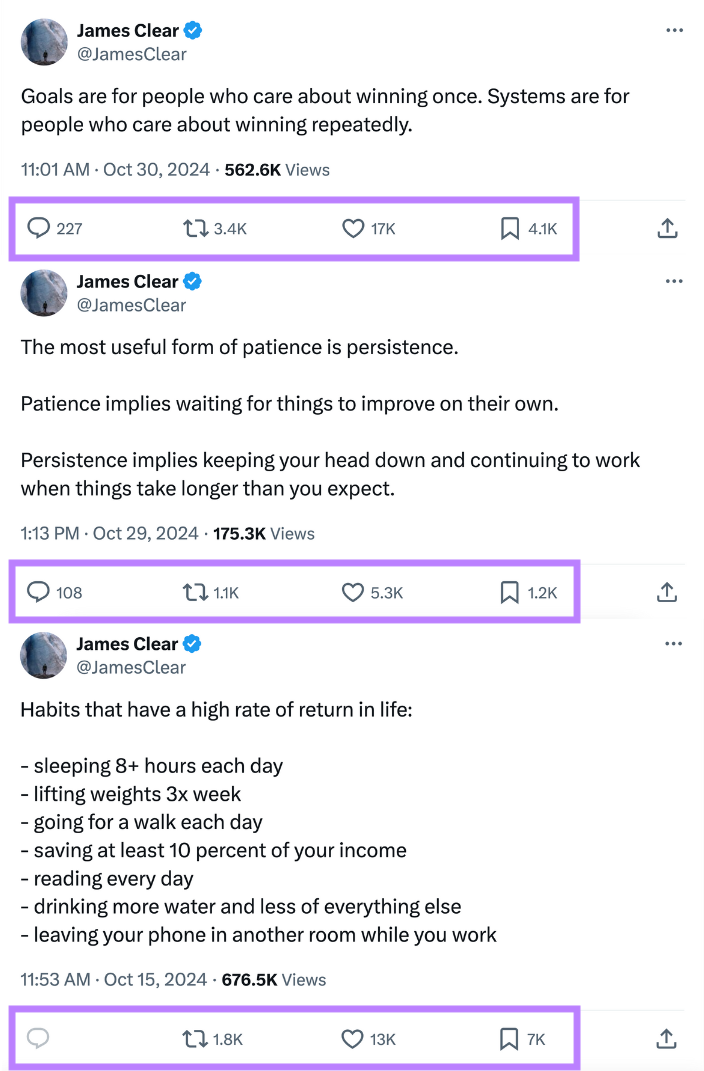 3 posts with engagement metrics similar  comments, retweets, likes, and saves highlighted