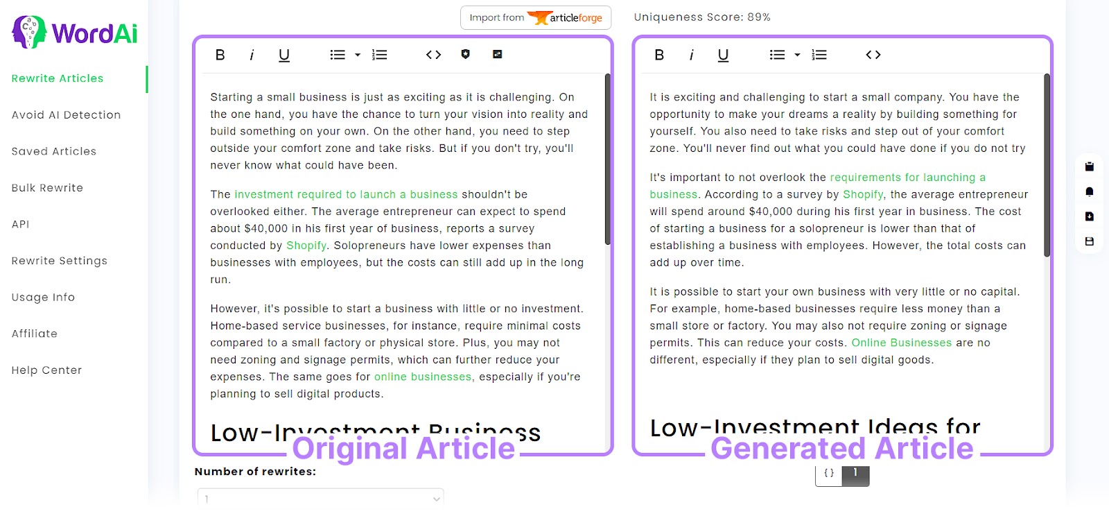 An original article (left) and generated article (right) in WordAI