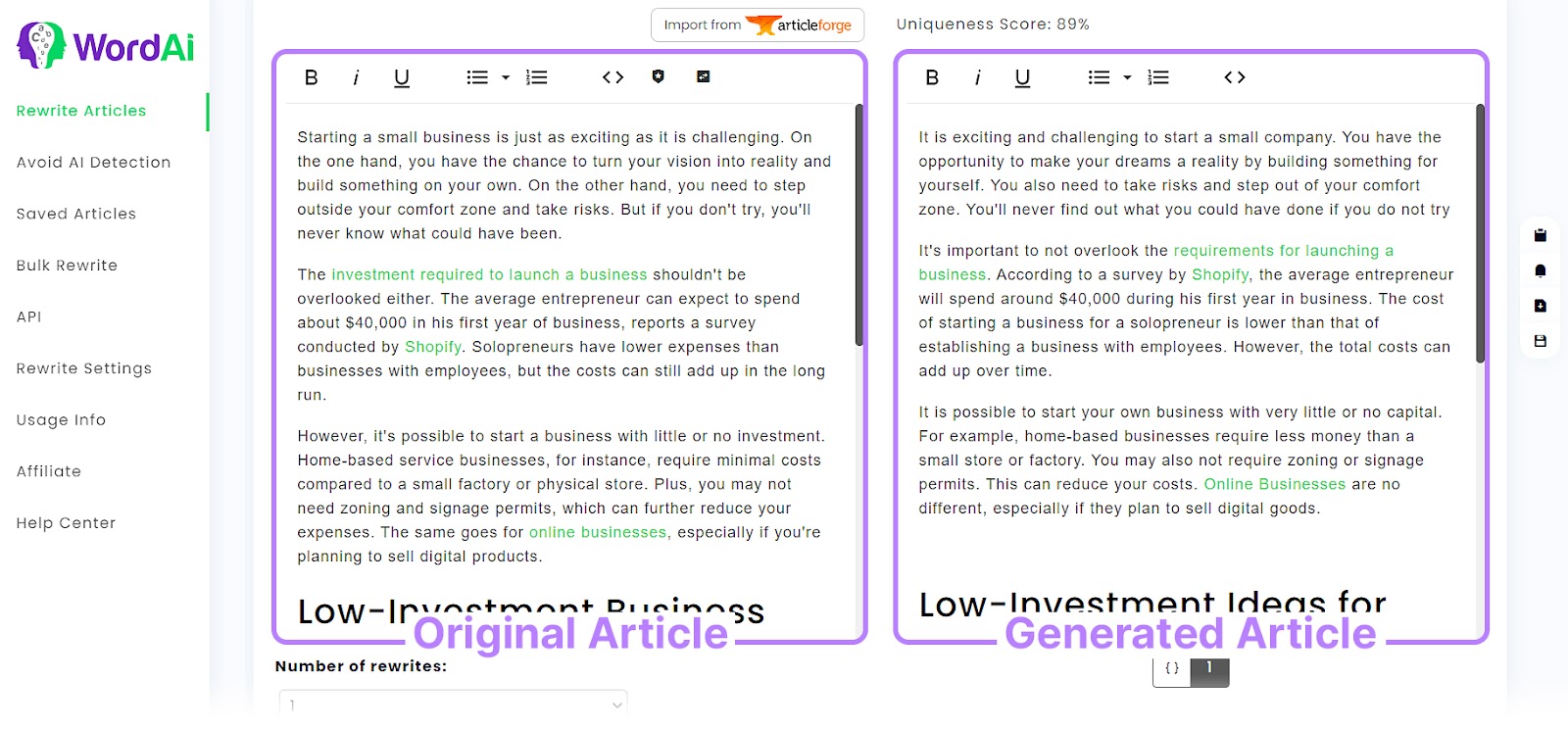 Ein Originalartikel (links) und ein generierter Artikel (rechts) in WordAI