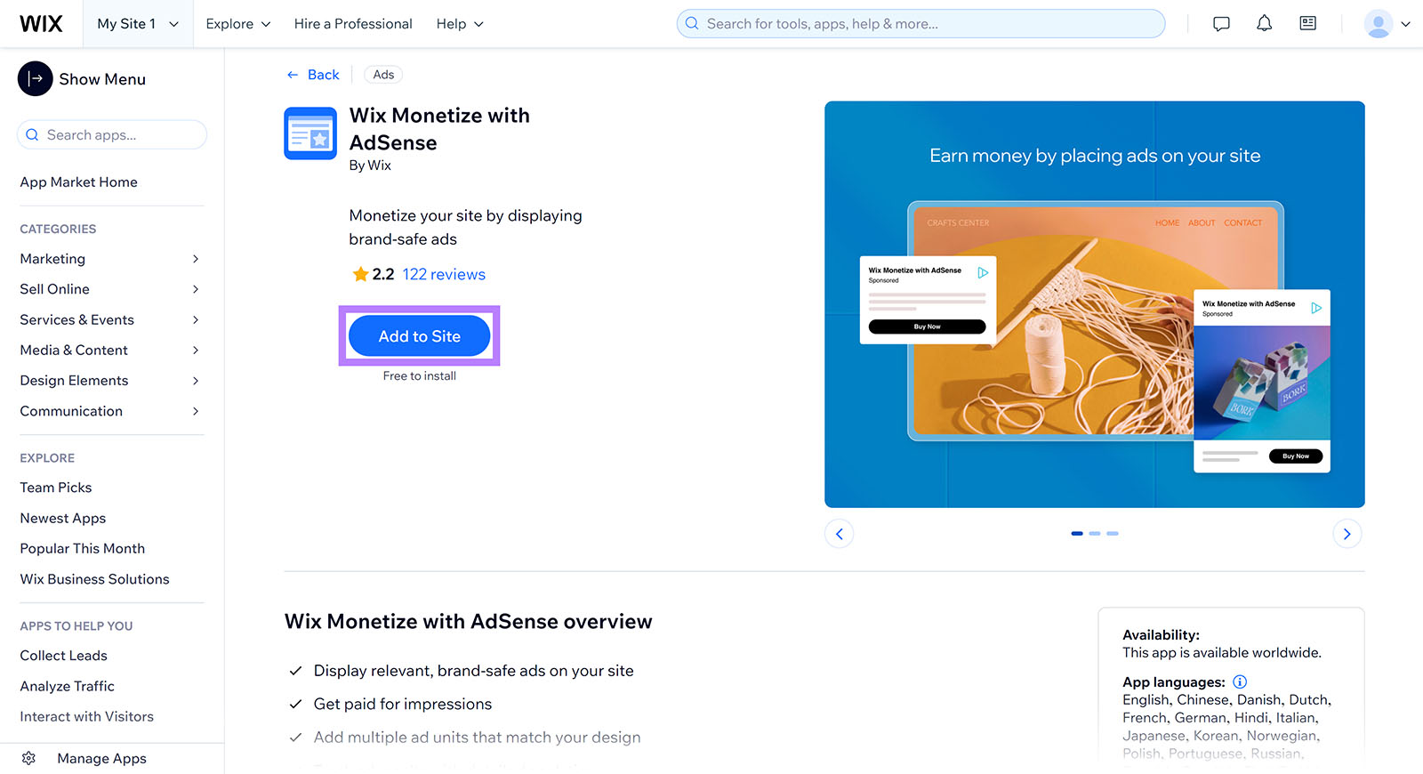 App Marketplace inside Wix admin showing Wix Monetize with AdSense app and Add to Site button highlighted