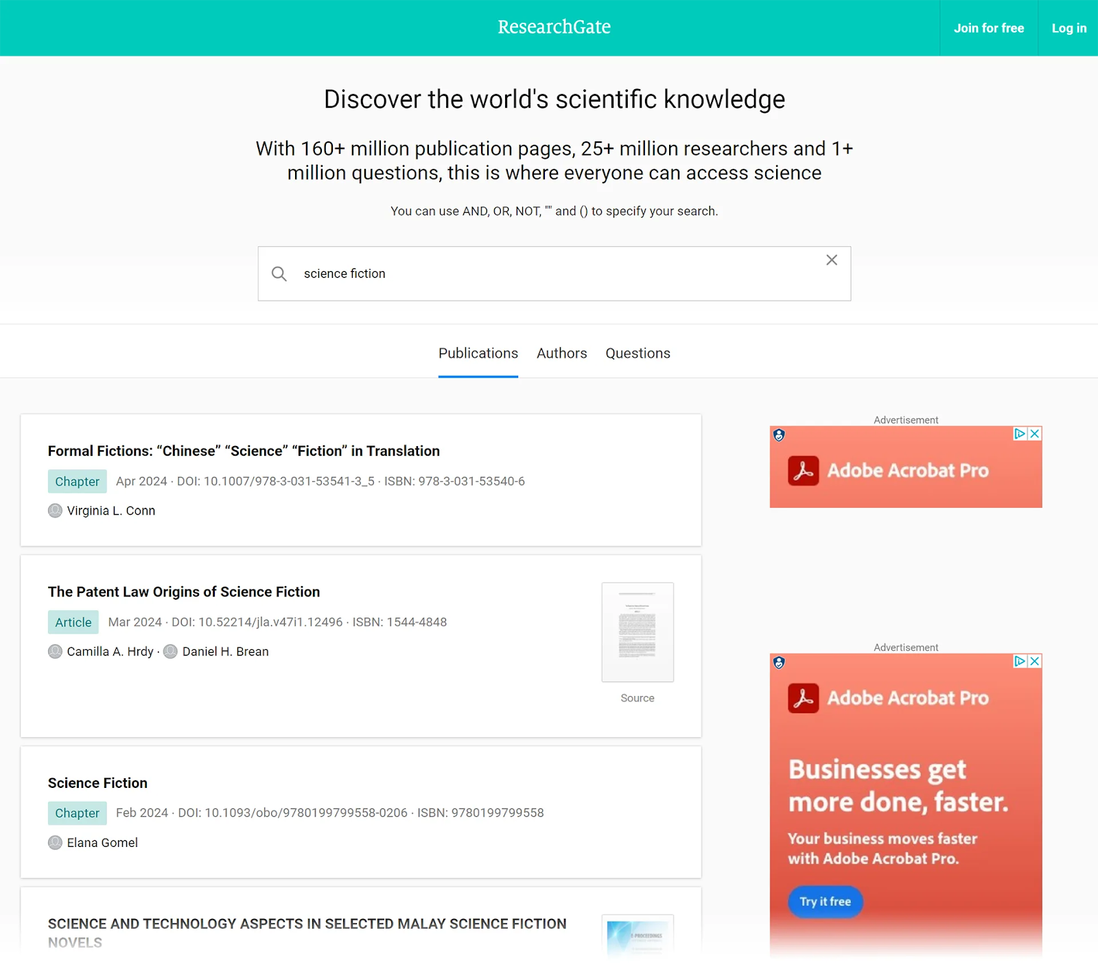 ResearchGate SERP for "science fiction"