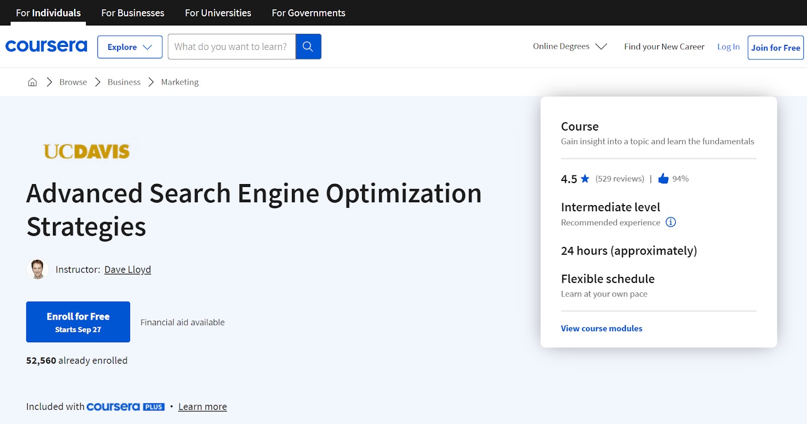 Advanced Search Engine Optimization Strategies course landing page