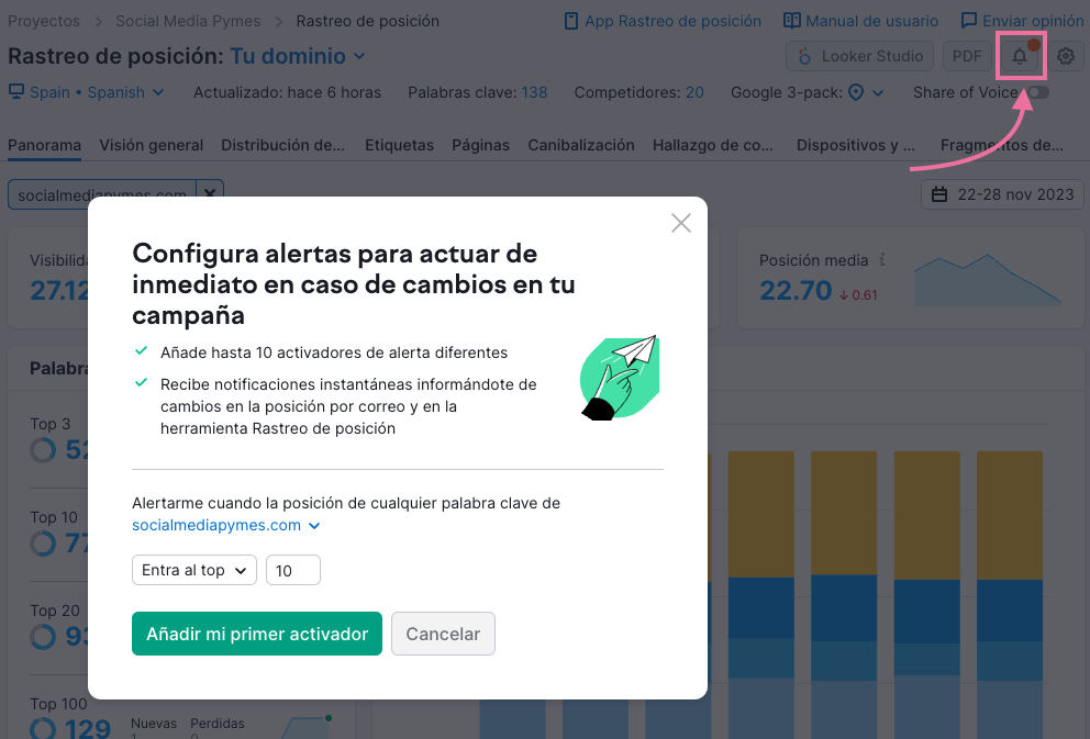 Desencadenante deseado en Rastreo de posición de Semrush