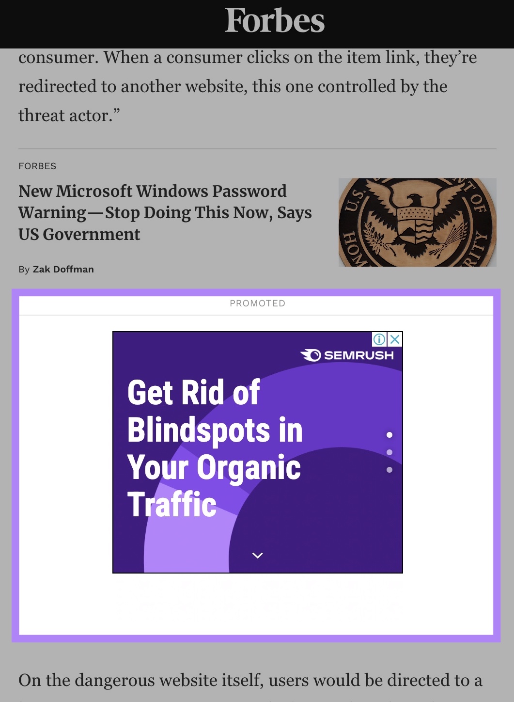A Google show  advertisement  by Semrush promoting its merchandise  suite successful  an nonfiction  connected  the Forbes website.