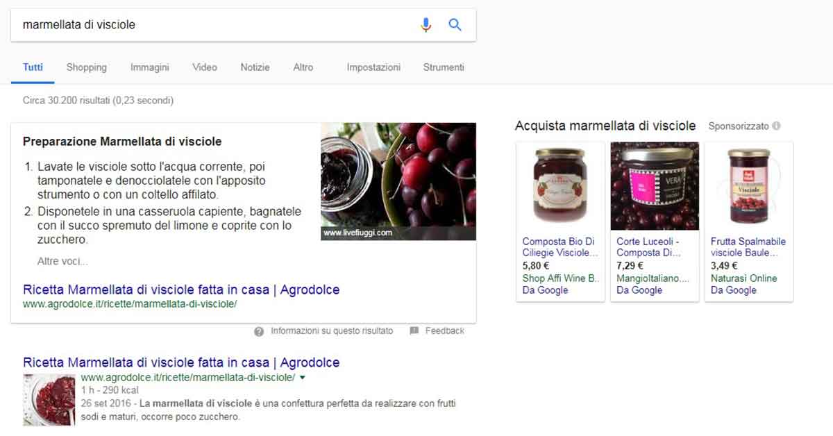 Intenti commerciali e keyword: risultati su Google per marmellata di visciole