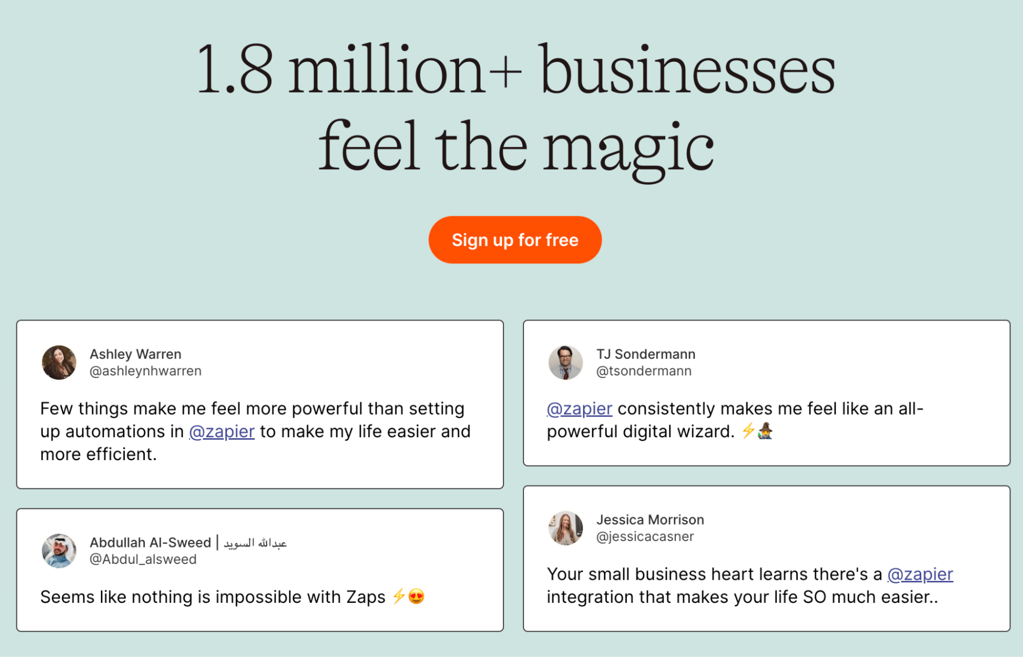 Customer testimonials section from Zapier's homepage