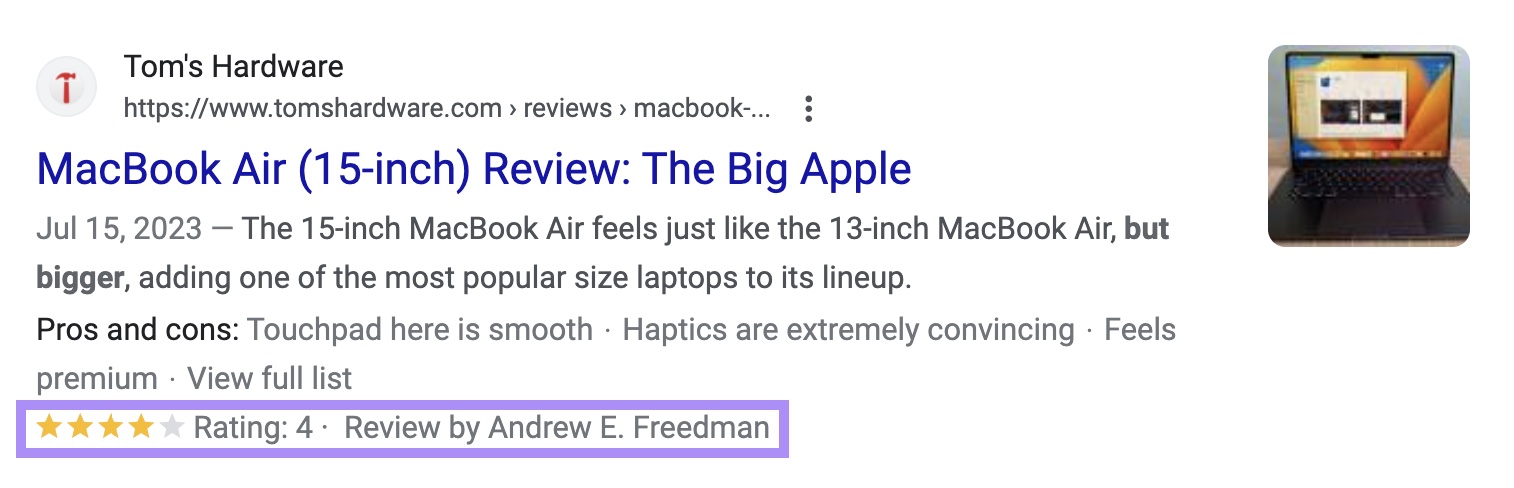 SERP result for MacBook Air with a simple review of an individual user rating