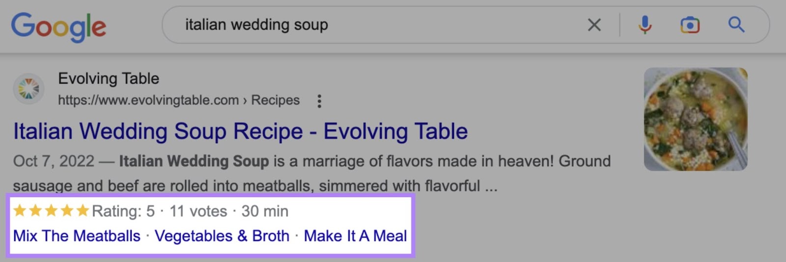 Google search result for "italian wedding soup" showing inline sitelinks under the first listing.