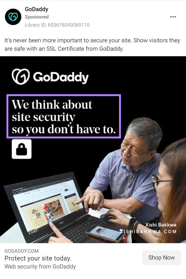 GoDaddy's Facebook ad with "We think about site security so you don’t have to." copy