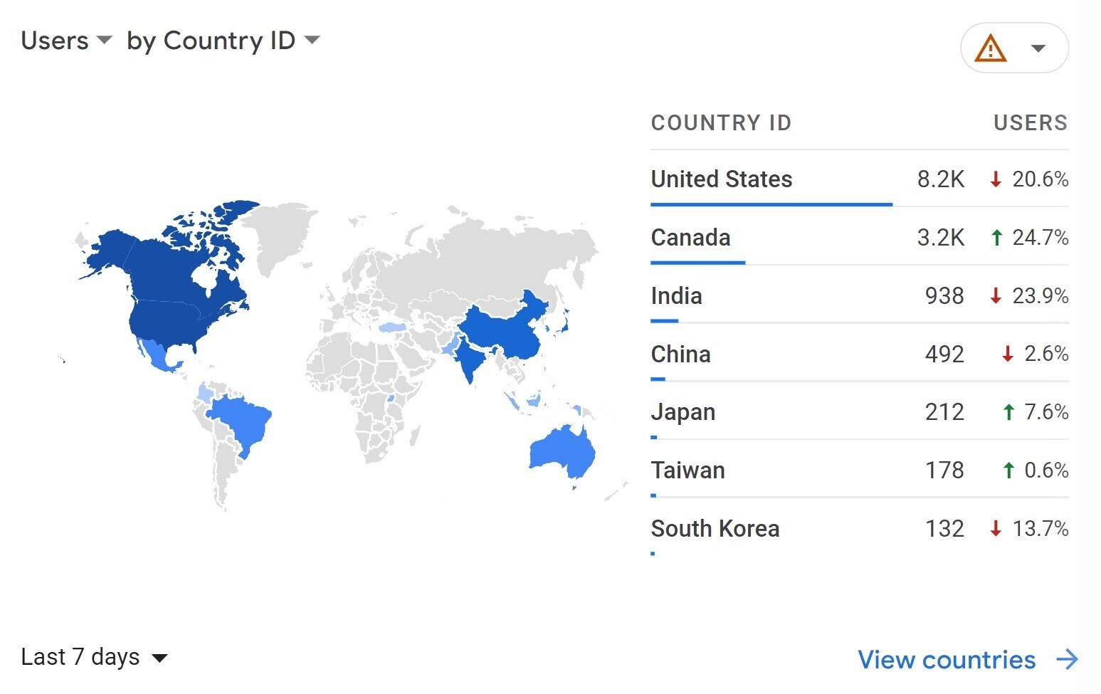an example of a map showing users by country ID in GA4